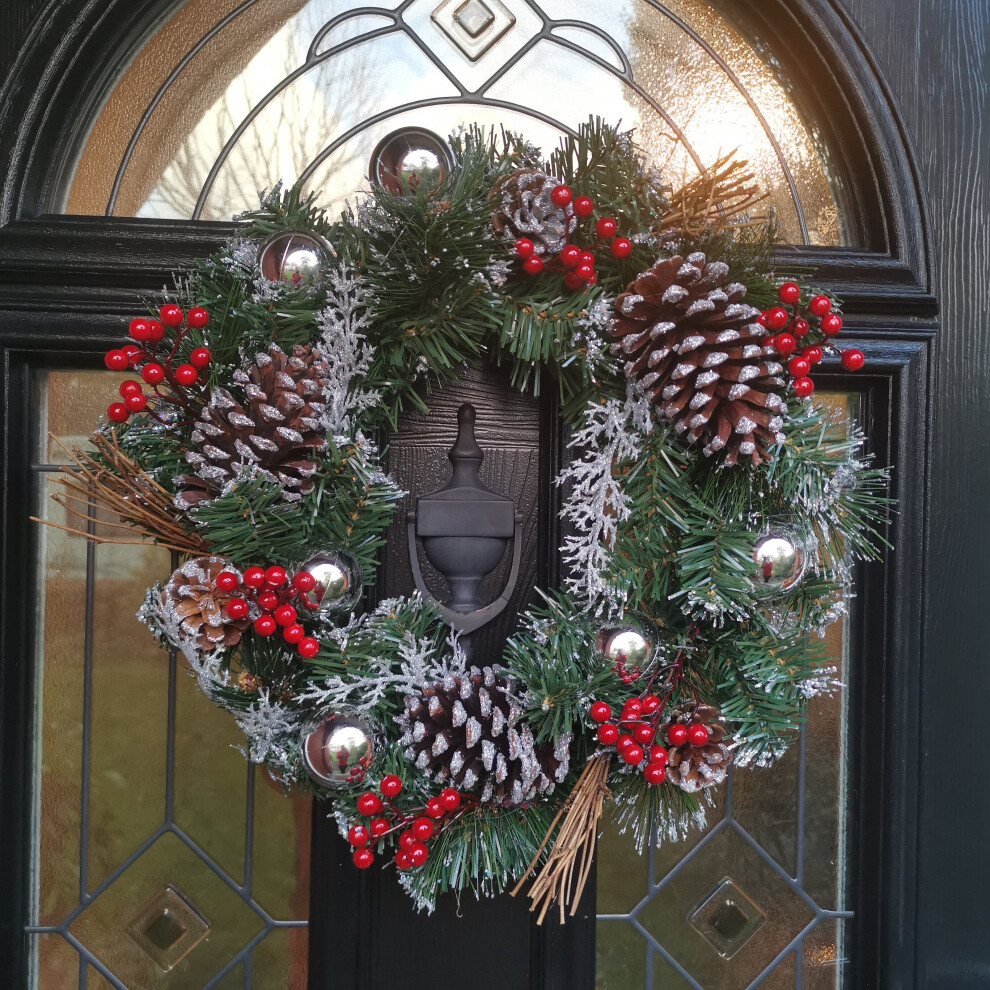 Premier 40cm Festive Silver Dressed Christmas Wreath With Pinecones and Red Berries