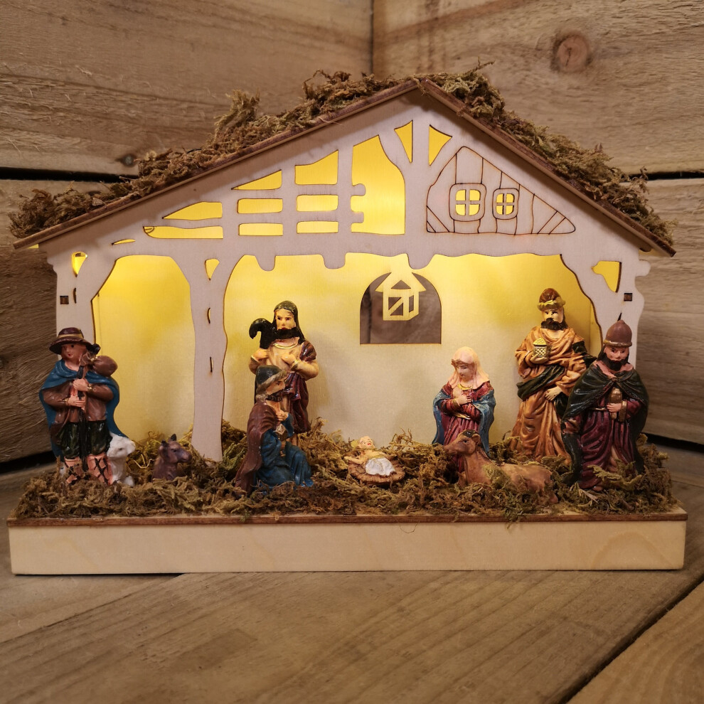 Snowtime 19cm Wooden Nativity Scene with Warm White LEDs