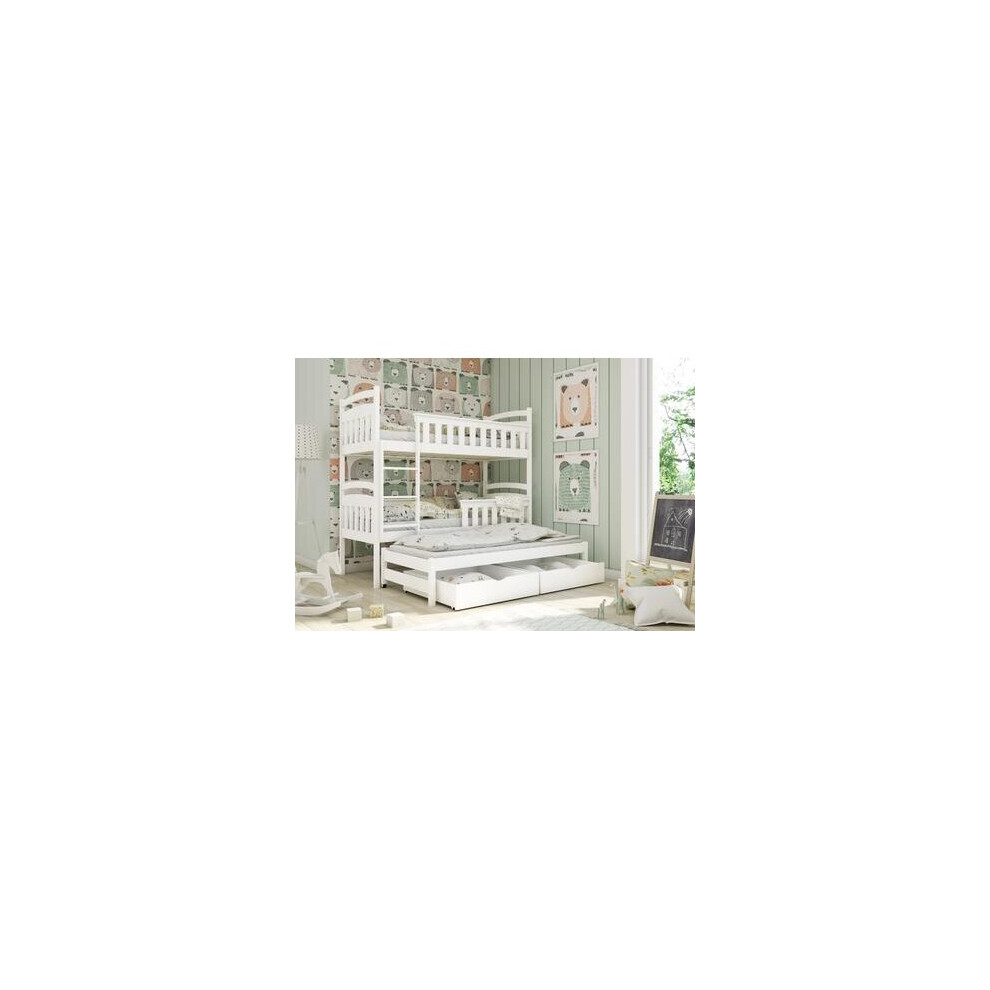 (White, Foam Mattress) Wooden Bunk Bed Harriet with Trundle and Storage