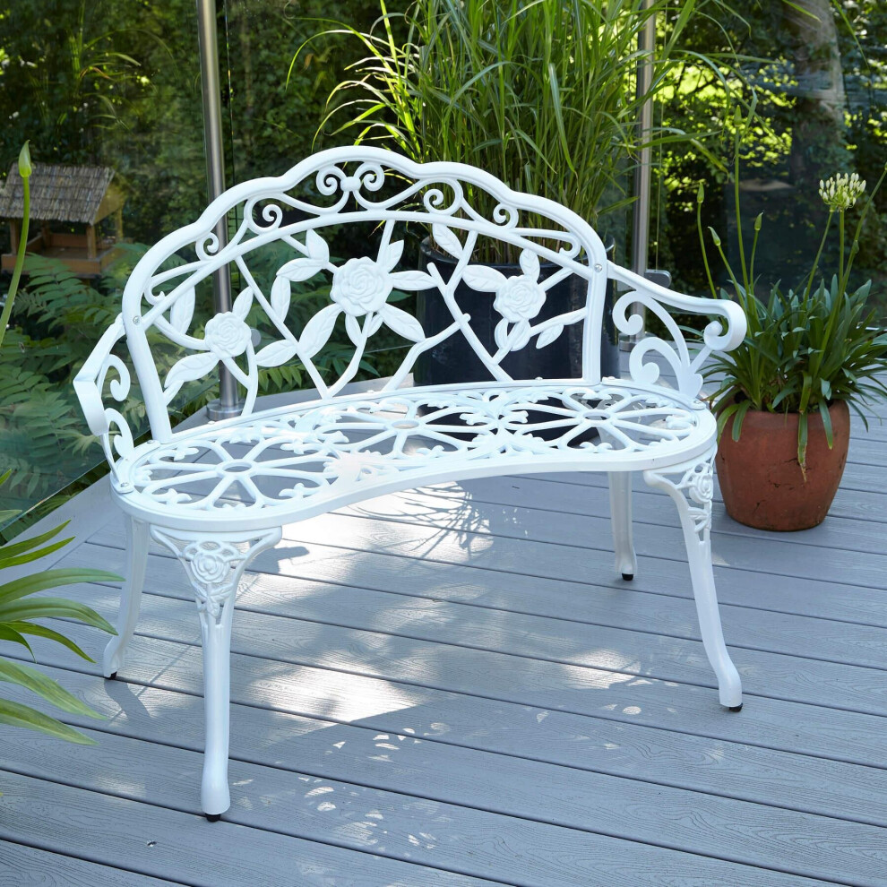 White Cast Iron Garden Bench Metal Frame 2 Seater Patio Chair Outdoor Seating