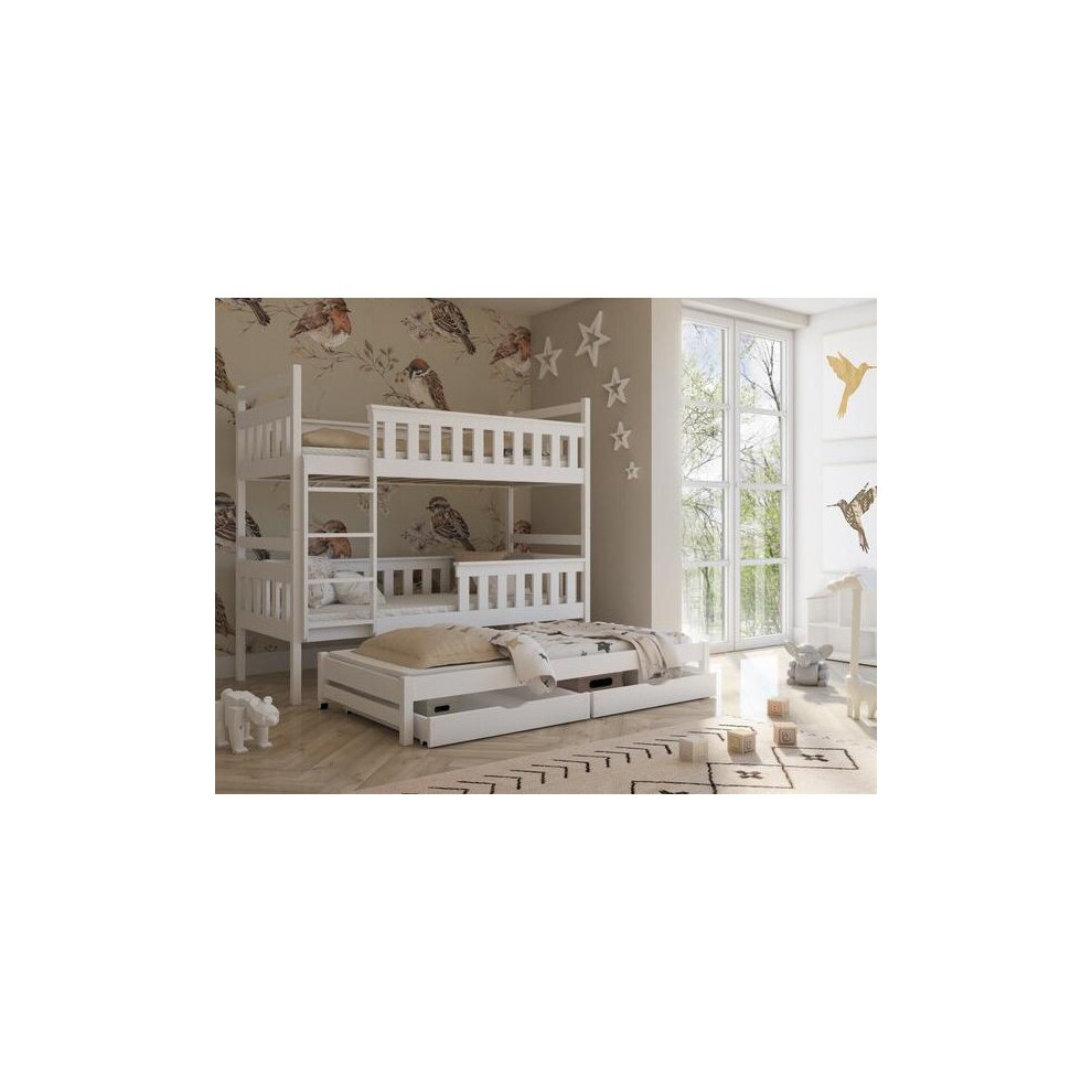 (White, No Mattress) Wooden Bunk Bed Kors with Trundle and Storage