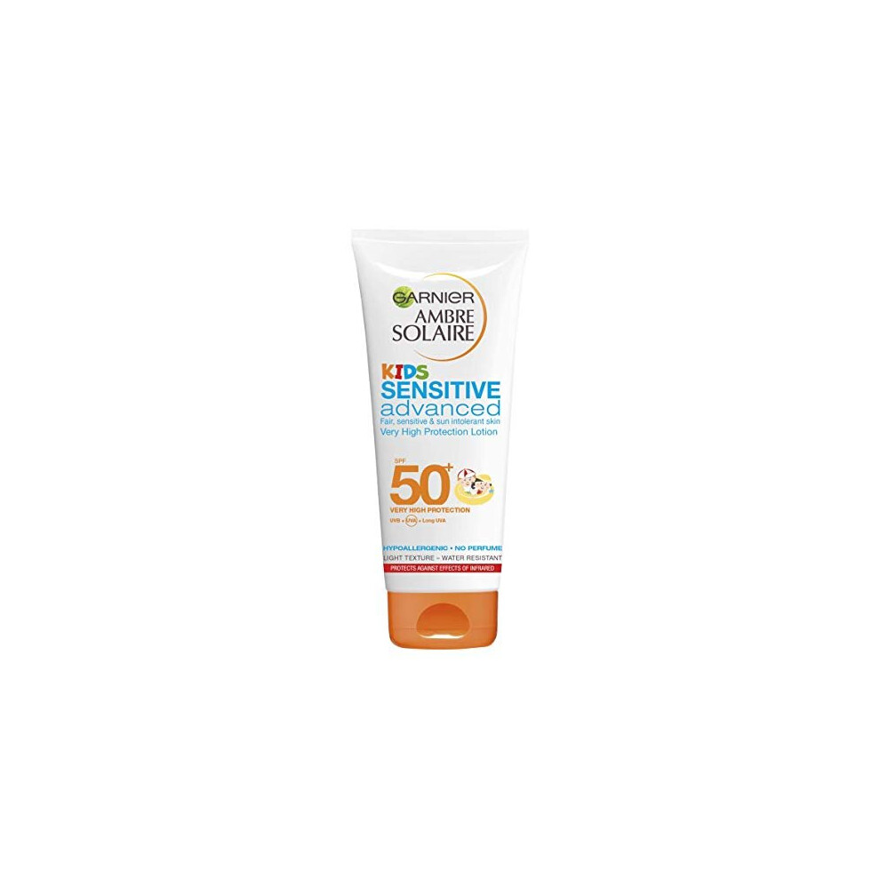 Garnier Ambre Solaire Kids Sensitive Water Resistant Sun Cream Protection Lotion SPF50+, No Fragrance No Purfume 200 ml