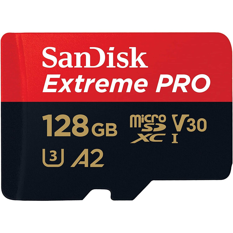 SanDisk Extreme Pro 128 GB microSDXC Memory Card + SD Adapter with A2 App Performance + Rescue Pro Deluxe 170 MB/s Class 10, UHS-I, U3, V30 Red/Gold