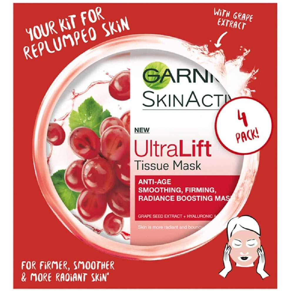 Garnier Ultralift Anti Ageing Tissue Mask, Radiance Boosting Tissue Face Sheet Mask Pack of 4