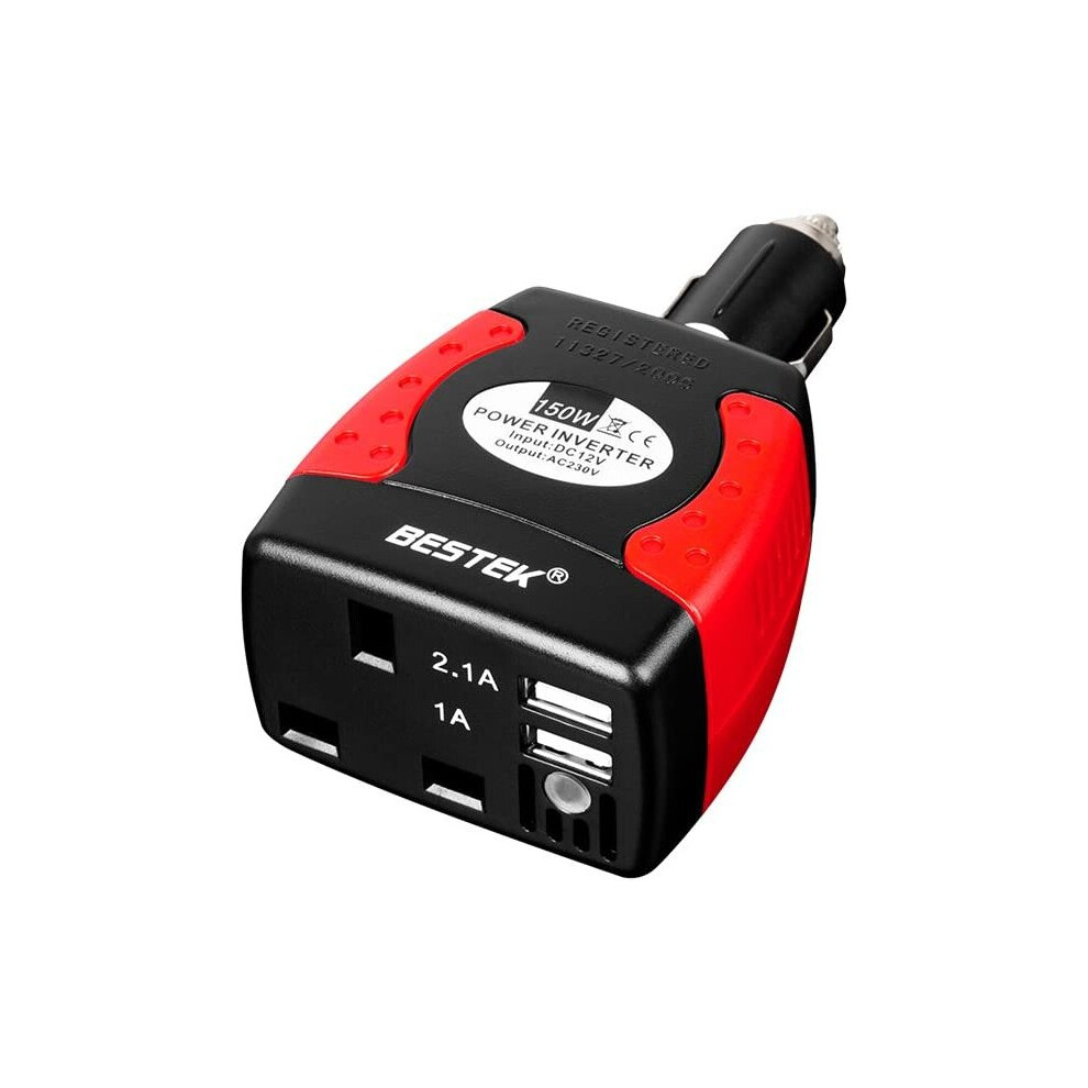 BESTEK MRI1513U-UK PLUG 150 W Power Inverter Car Laptop Charger DC 12V to AC 230V 240V Converter Adapter with 3-Pin Plug and Dual USB Ports