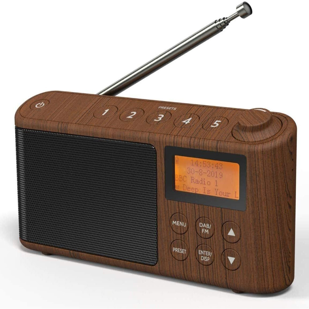 DAB/DAB+ & FM Radio, Mains and Battery Powered Portable DAB Radios Rechargeable Digital Radio with USB Charging for 15 Hours Playback (Wood Effect)