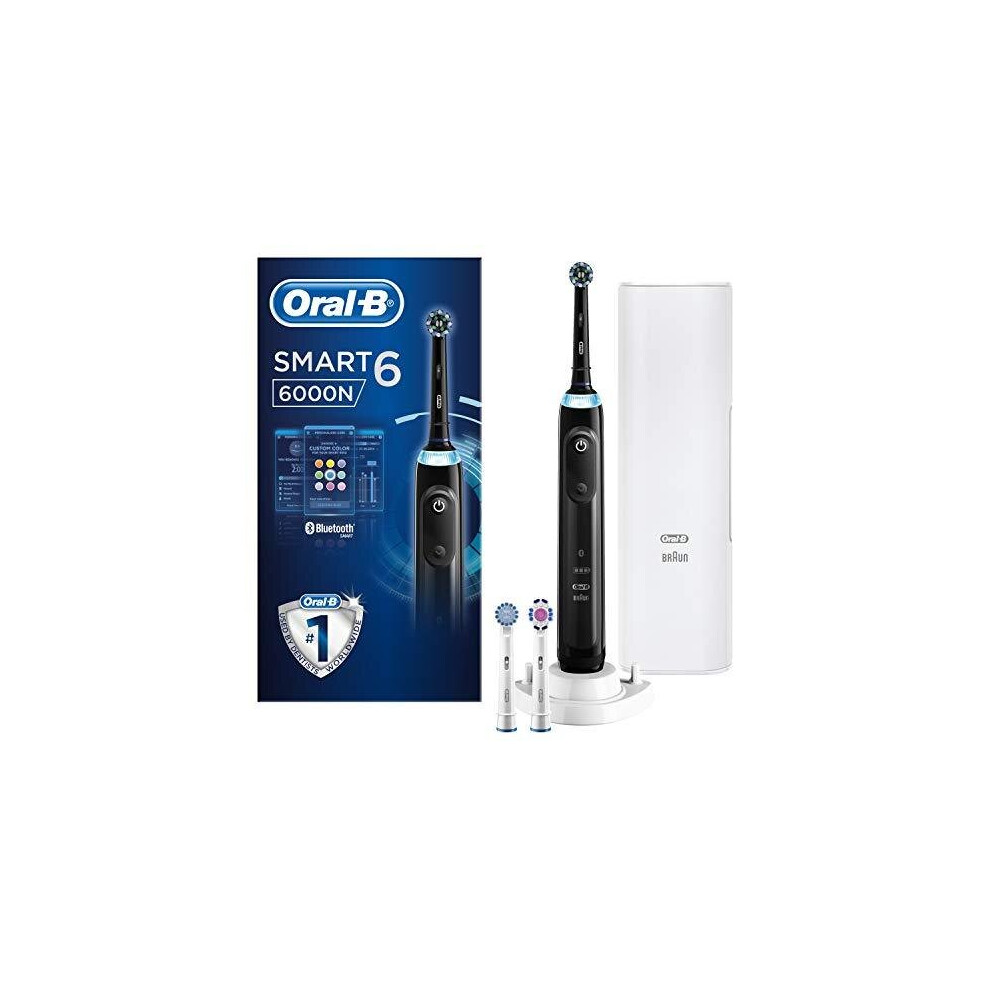 Oral-B Smart 6 6000N CrossAction Electric Toothbrush, 1 Black App Connected Handle, 5 Modes, Pressure Sensor, 3 Toothbrush Heads, Premium Travel Cas