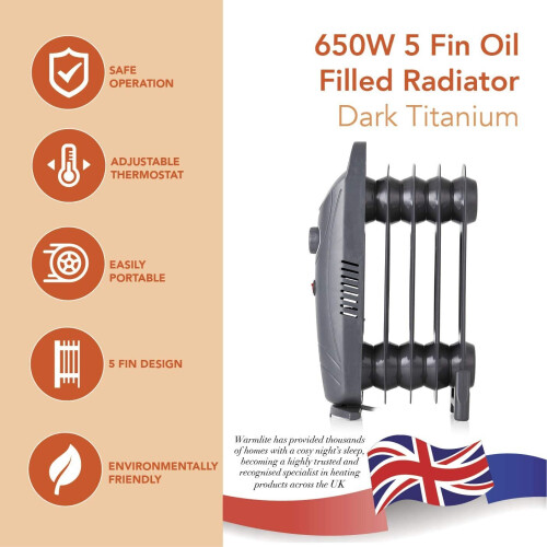 Warmlite 650W Oil Filled Radiator, Dark Titanium 1