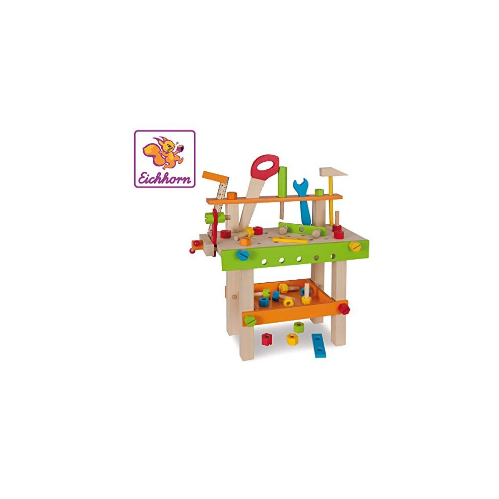 Eichhorn 100001844 Kids Work Bench & Tools | 39cm Tall Colourful Toy Workbench comes with 49 Fun Tools & Accessories | Ages 3+, Multicolour