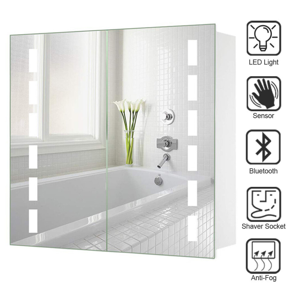 Double Door LED Anti Fog Bathroom Sensor Mirror Cabinet with Shaver Socket Bluetooth Speaker