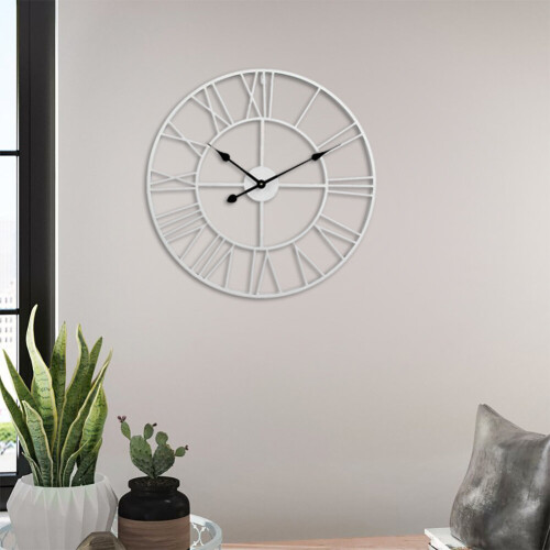 Living And Home 40CM Roman Numerals Metal Skeleton Wall Clock, White