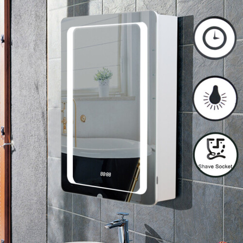 Anti-fog LED Clock Wall Mounted Mirror Cabinet, Touch Control Switch