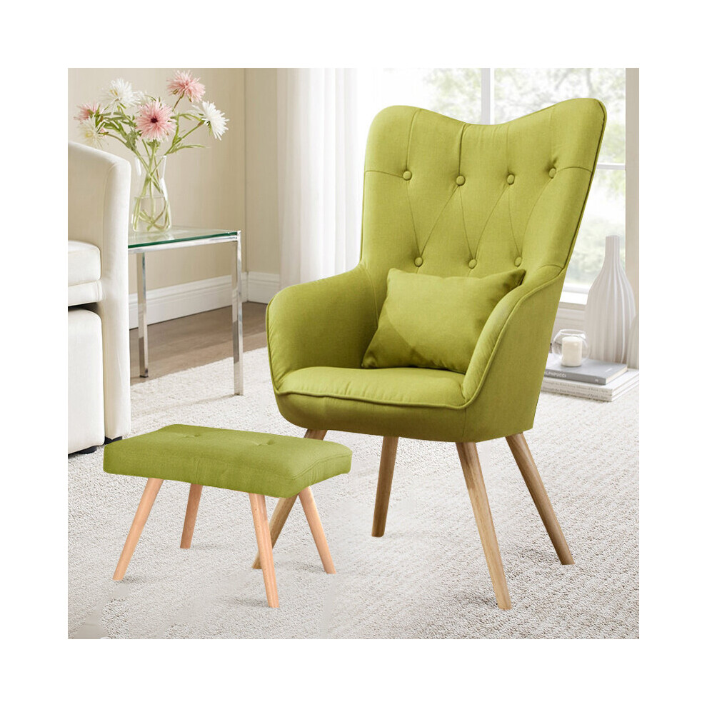 Linen Curved Buttoned Back Single Sofa Armchair with Footstool, Green