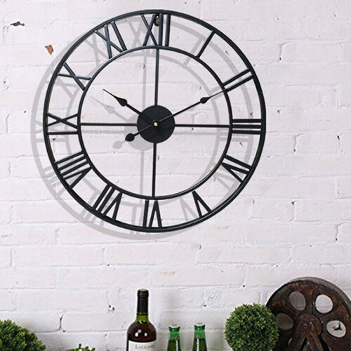 Living And Home 40CM Roman Numerals Metal Skeleton Wall Clock, Black