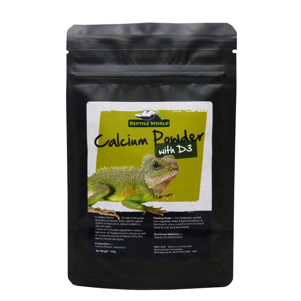 Reptile World Calcium Powder with Vitamin D3 100g - Tortoise, Bearded Dragon