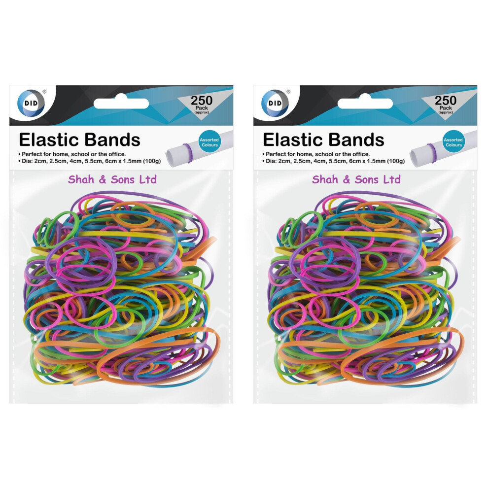 D I D 500Pc Strong Elastic Rubber Bands Assorted Colours & Sizes Home School
