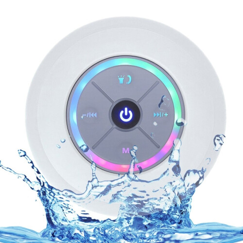 (WHITE) Wireless Bluetooth Speaker Waterproof Led Shower Speaker FM Radio TF Card