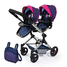 Bayer Design 26254AA Twin Pram, Doll Carriage, Height-adjuable Handle, Foldable, with Bag and Integrated Shopping Basket, Compatible with EasyGo, Blu