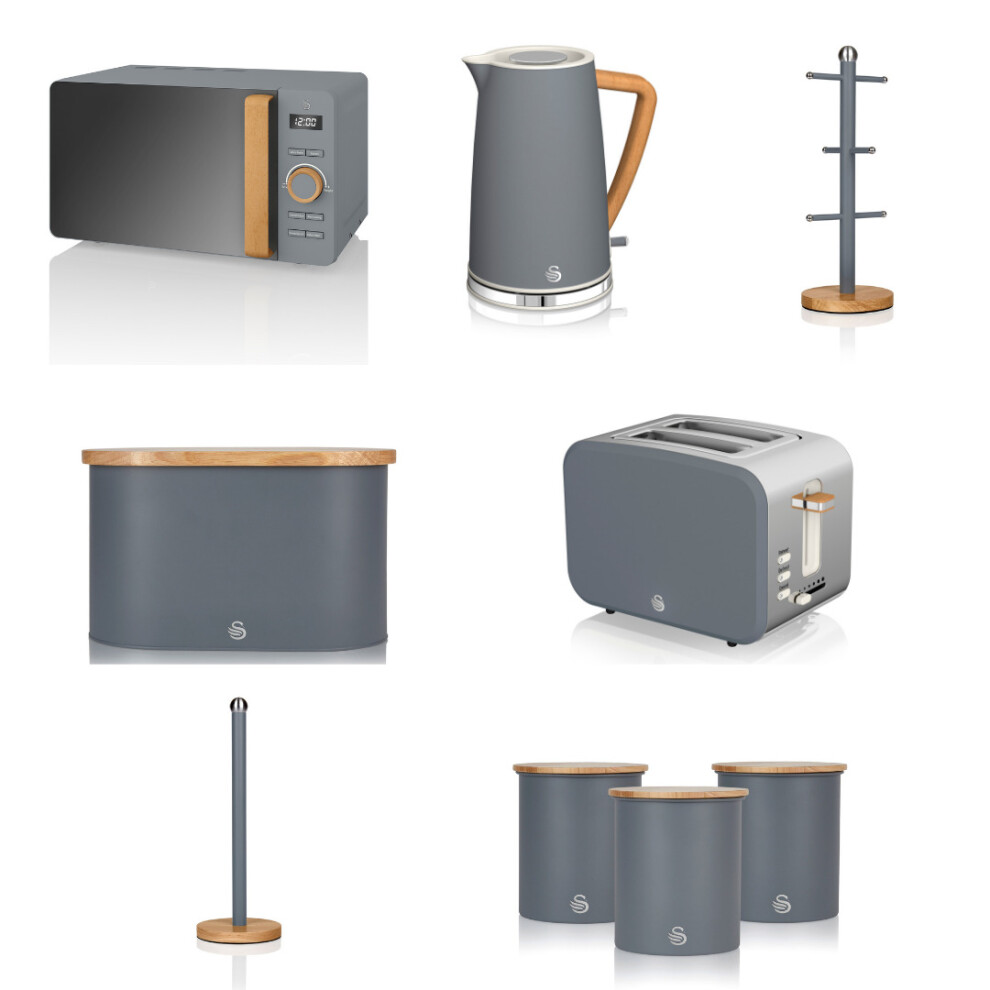 (Grey) Swan Nordic 7 Piece Kitchen Set with 2 Slice Toaster