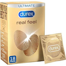 Durex Real Feel Polyisoprene Condoms - Latex-free, Skin-on-Skin Sensation, Easy-On 56mm, 18 Pack