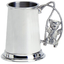 Christening Gift Child's Tankard Pewter Can with Swinging Teddy Handle
