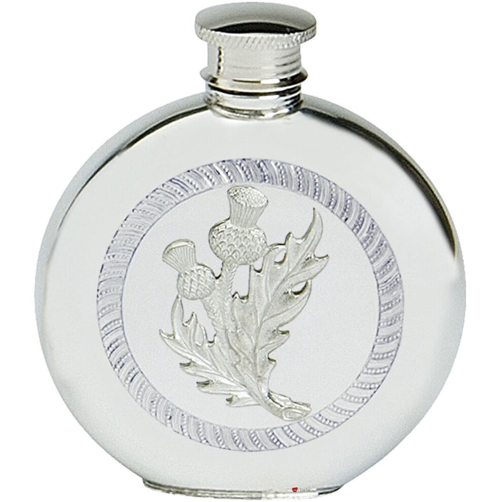 Pewter Hip Flask Thistle Scotland Round 6oz Screw Top Engravable On Back-image-OPC-P6F28MY-NEW