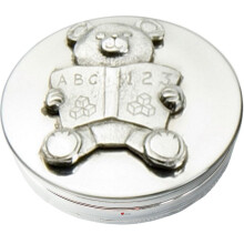 Christening Trinket Keepsake Memories Round Box with Teddy With ABC123 Book