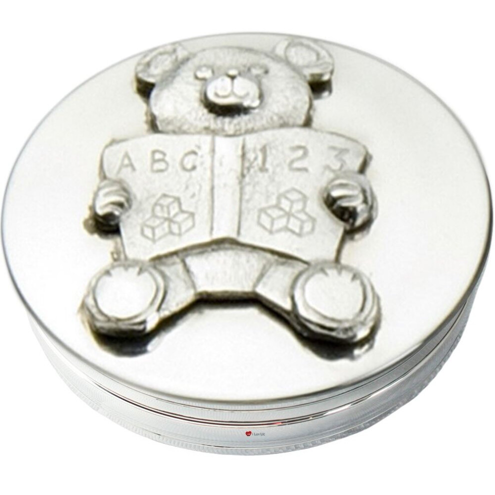Christening Trinket Keepsake Memories Round Box With Teddy With Abc123 Book I Luv Ltd