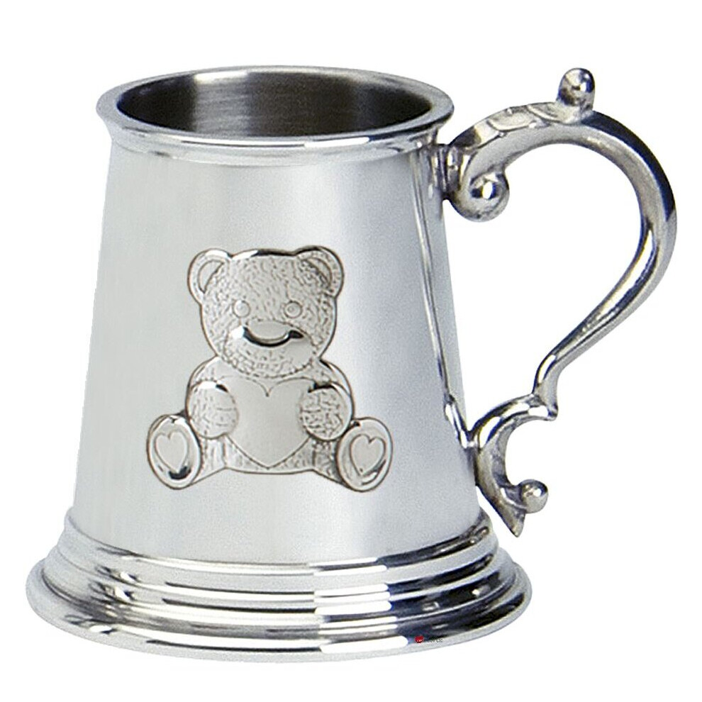 Christening Gift Children's Plain Tankard With Teddy On Handle Pewter Cup I Luv Ltd