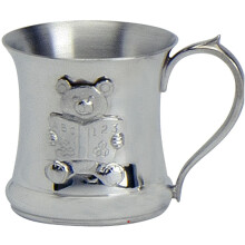 Child's Christening Tankard Pewter Can Teddy Bear Motif With Handle Concave Shape