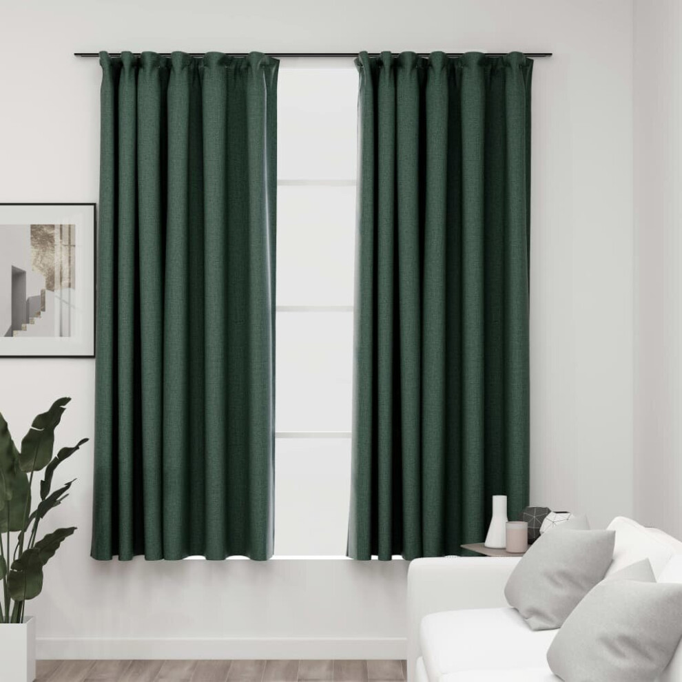 vidaXL 2x Linen-Look Blackout Curtains with Hooks Green 140x175cm Drape Blind