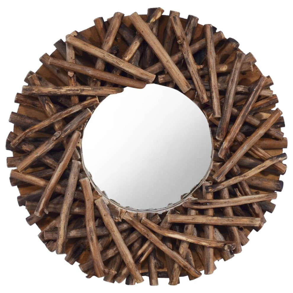 vidaXL Wall Mirror 40 cm Teak Round Wooden Decorative Hanging Mirror Home