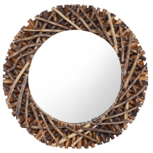 vidaXL Wall Mirror 60 cm Teak Round Wooden Decorative Hanging Mirror Home