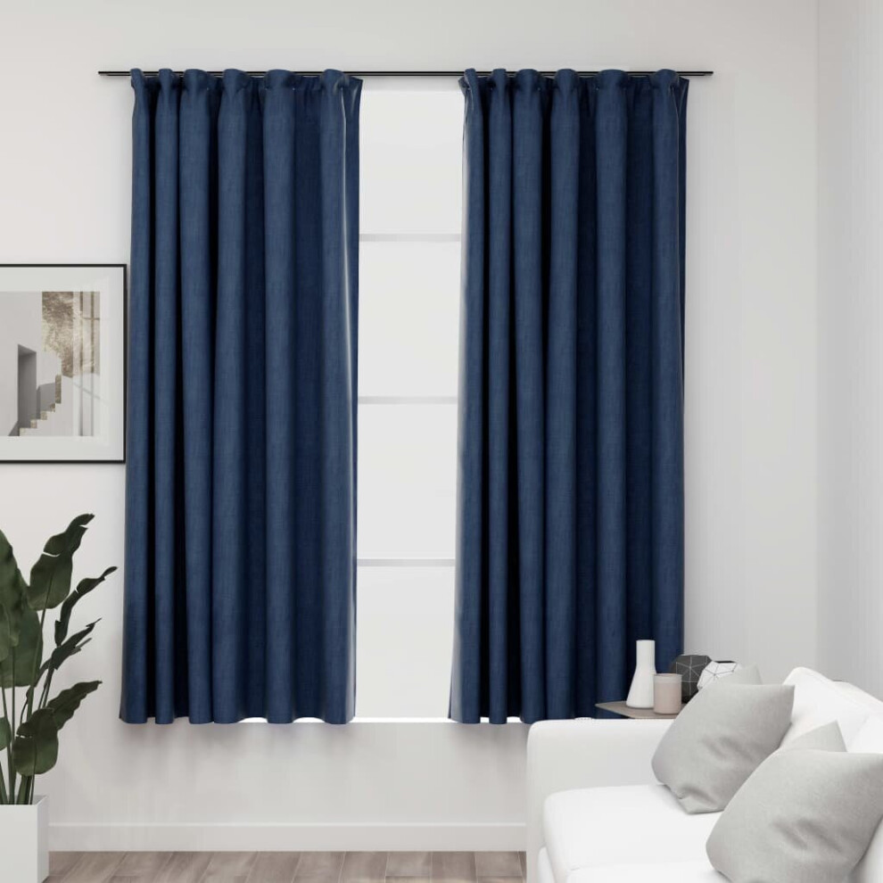 vidaXL 2x Linen-Look Blackout Curtains with Hooks Blue 140x175 cm Drape Blind