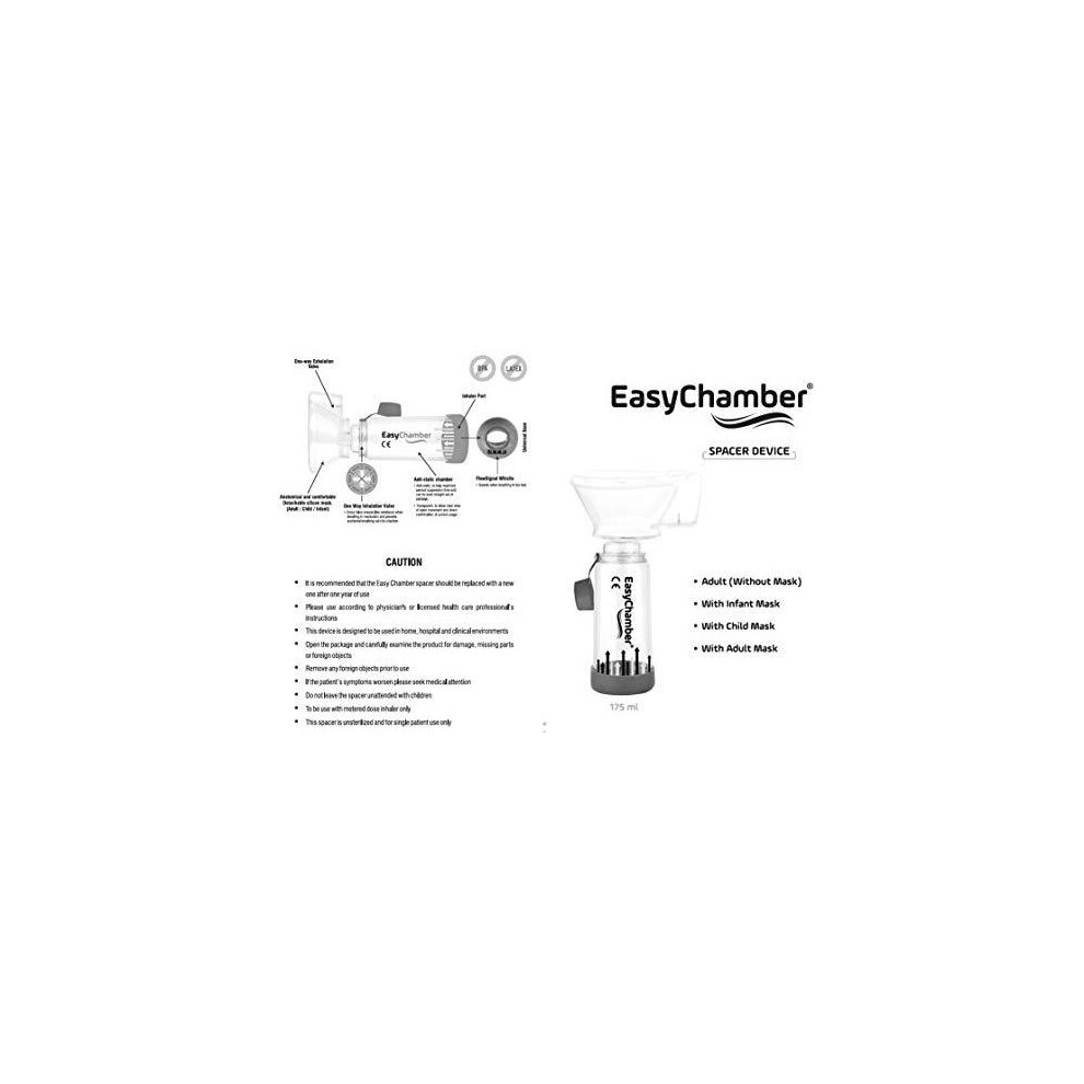 EasyChamber AntiStatic Spacer Device with Adult Mask, Inhaler Chamber, use with Metered Dose