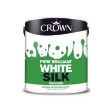 Crown Paints Silk Emulsion - Pure Brilliant White, Soft Sheen Finish for Walls & Ceilings, 2.5L (5023672)