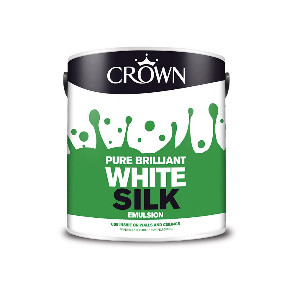 Crown Paints Silk Emulsion - Pure Brilliant White, Soft Sheen Finish For Walls & Ceilings, 2.5L (5023672) 5010131004650