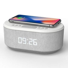 Bedside Wireless Charging Radio Alarm Clock with Bluetooth Speaker, Dual Alarms, Dimmable LED, USB Charger - Mains Powered, Non-Ticking