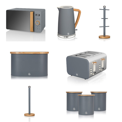 Swan (Grey) Swan Nordic 7 Piece Kitchen Set Bundle with 4 Slice 900W Toaster