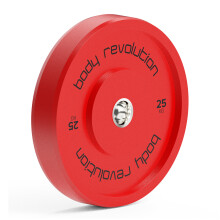 Disques bumper rouges 25kg, compatibles barre olympique, lot de 2