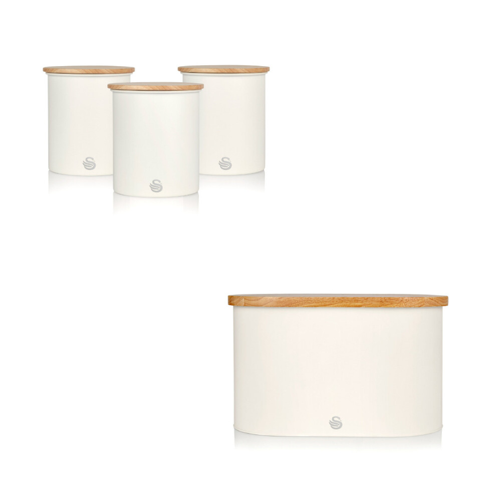 (White) Swan Nordic Bread Bin with Bamboo Chopping Board Lid & Set of 3 Kitchen Storage Canisters for Tea/Coffee/Sugar or Perishables