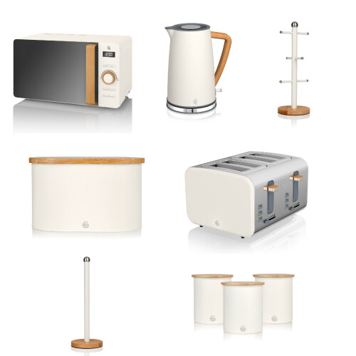 Swan (White) Swan Nordic 7 Piece Kitchen Set Bundle with 4 Slice 900W Toaster
