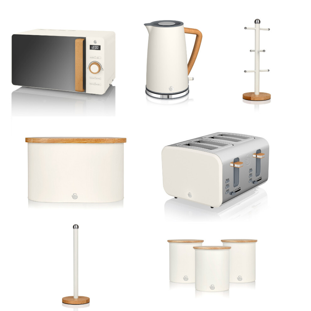 (White) Swan Nordic 7 Piece Kitchen Set Bundle with 4 Slice 900W Toaster
