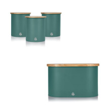 (Green) Swan Nordic Bread Bin with Bamboo Chopping Board Lid & Set of 3 Kitchen Storage Canisters for Tea/Coffee/Sugar or Perishables