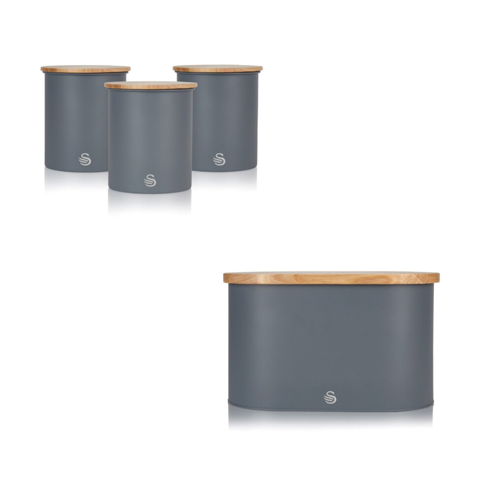 (Grey) Swan Nordic Bread Bin with Bamboo Chopping Board Lid & Set of 3 Kitchen Storage Canisters for Tea/Coffee/Sugar or Perishables