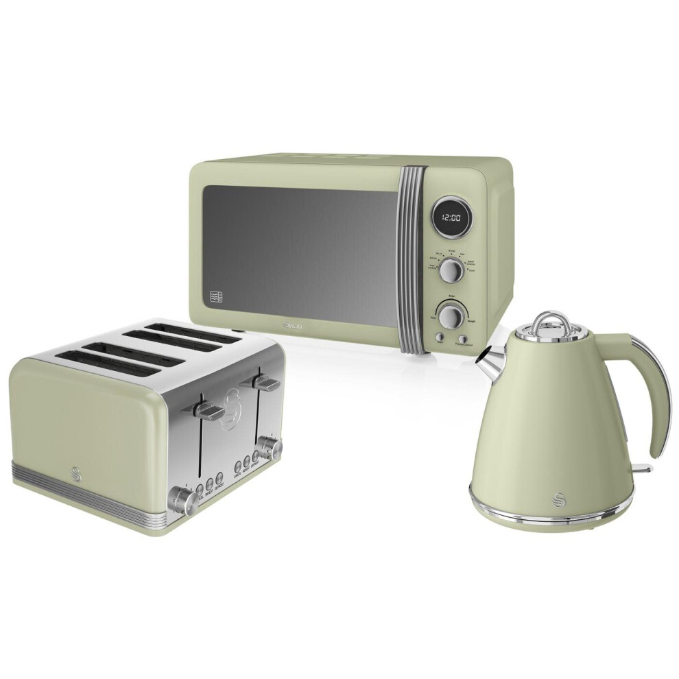 Swan Retro Green 800W 20 Litre Digital Microwave 270mm Turntable, 1.5L Cordless Jug Kettle & 4 Slice Toaster with Crumb Tray in Stainless Steel