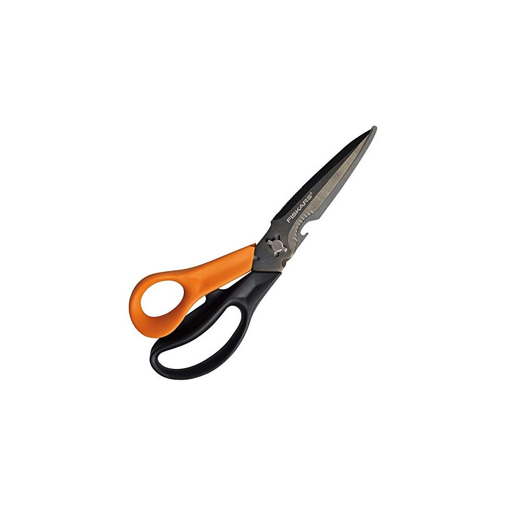 Fiskars Cuts + More Multi-tool Scissors, Includes Protective Case With Scissor Sharpener, Length: 23 cm, Titanium Coating, Stainless Steel Blade/Plas