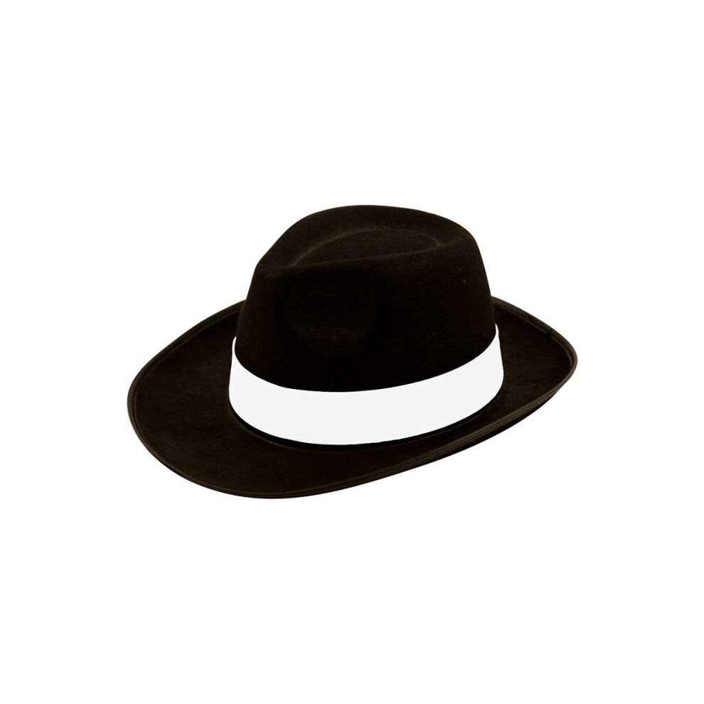 Black Gangster Hat With White Ribbon Fancy Dress Accessory