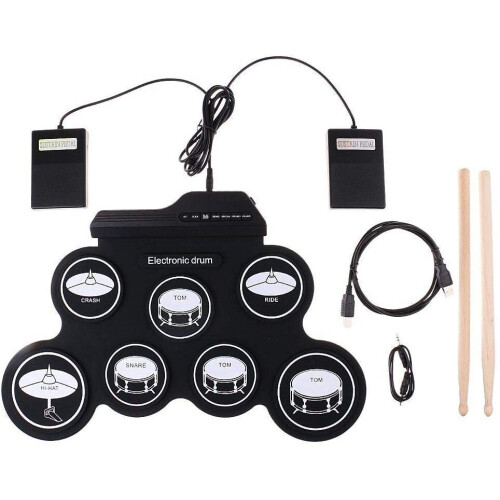 Electric Drum Kits for Children Beginners, Portable Digital Electronic Foldable Roll Up Drum Set Pads with 2 Foot Pedals Sticks for Kids Boys Girls