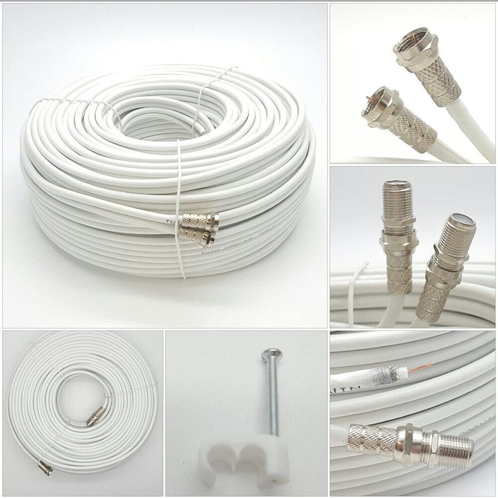 (50 Meter, White) Viewi Twin Satellite Shotgun Cable Extension Kit with Fitted F Connectors for Sky HD Q and Freesat